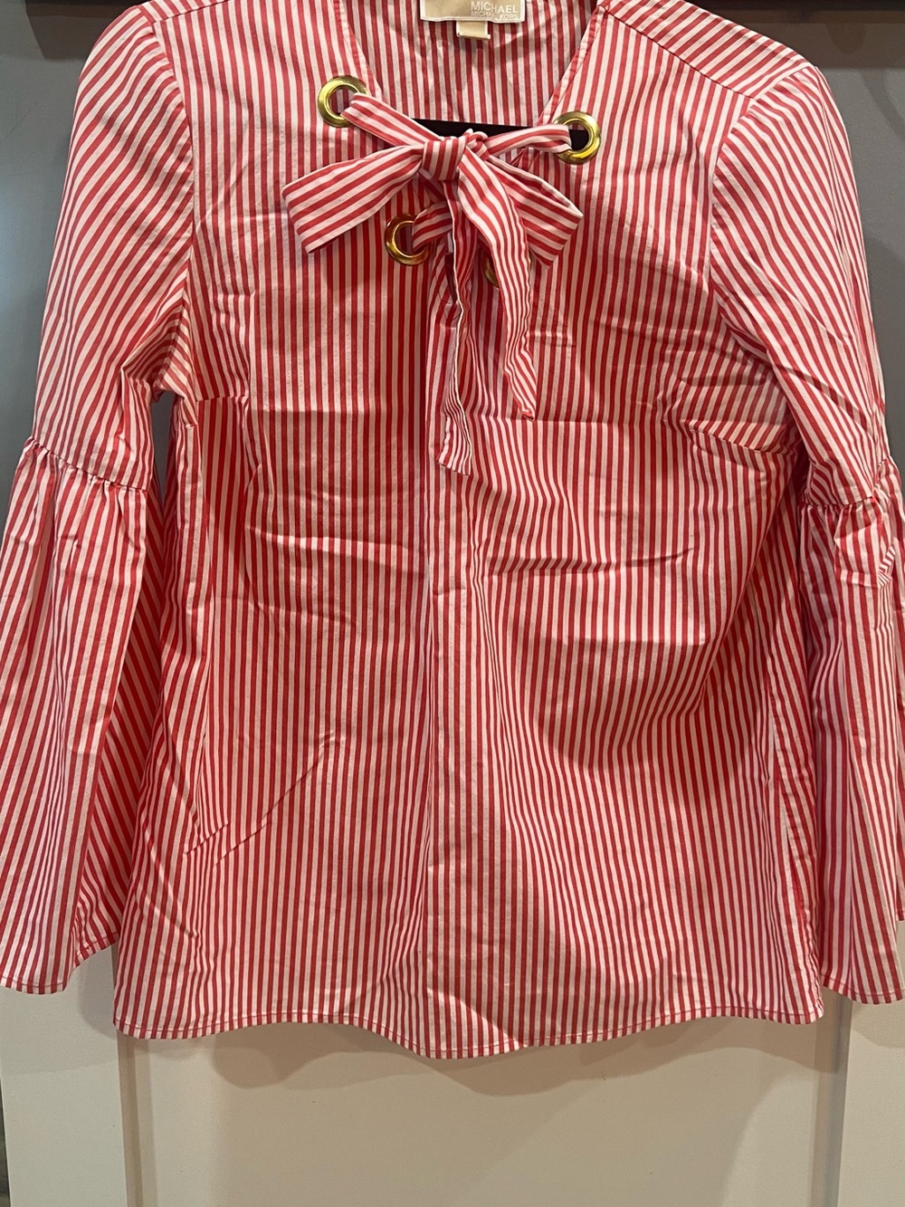 Michael Kors Red and White Striped Bow Neck Long Sleeve Top